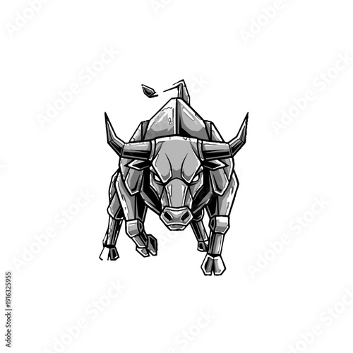 Stylized geometric bull with glowing green eyes, powerful charging animal, isolated white background.