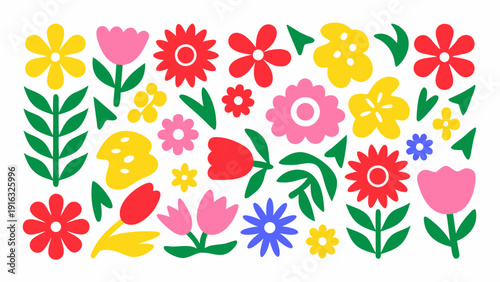 A colorful assortment of stylized flowers and foliage on a white background
