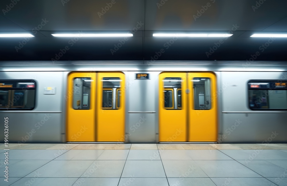 Obraz premium Modern train with bright yellow doors arrives at illuminated station platform. Silver metal subway car moves fast on clean grey tiled floor. Commuters wait for transit in urban underground.