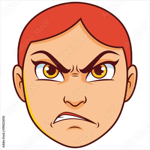 A cartoon woman with an angry expression, furrowed brow, and scowling face, illustrating strong emotions and frustration, depicted in a digital illustration style.