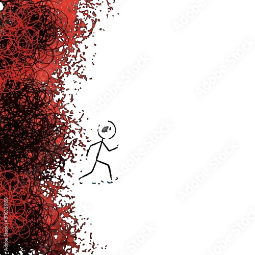 Stick figure running from abstract red messy texture, escape concept, isolated white background.