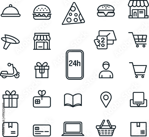 Online shopping and retail icon set, line vector collection featuring food, delivery, store, ecommerce services symbols design