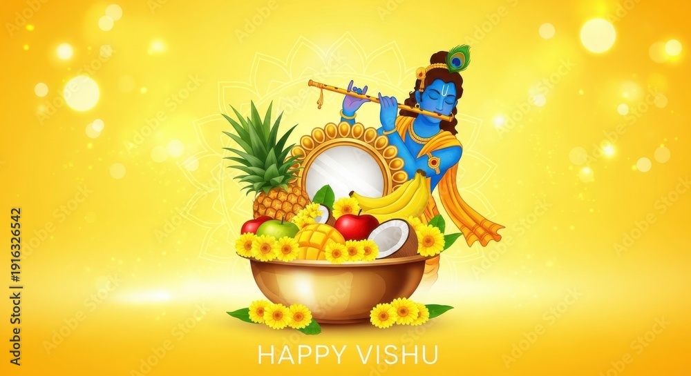 Fototapeta premium Krishna playing flute on Vishu celebration with fruit offering