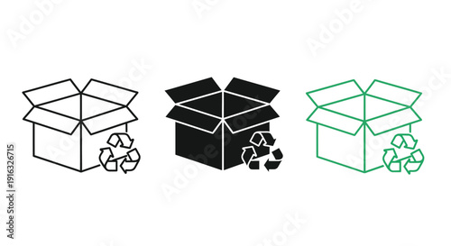 Collection of three different styles of open cardboard box icons clearly marked with a recycling symbol