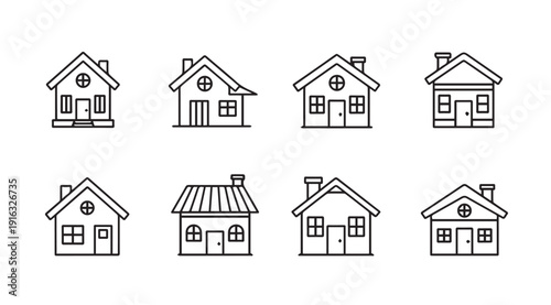 Set of outline house icons with different designs isolated on white background