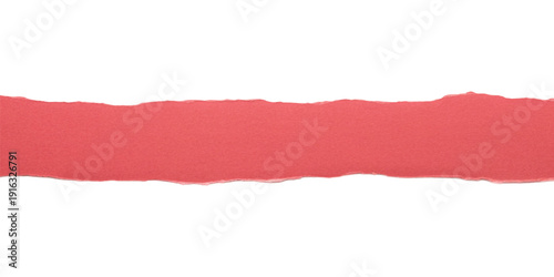 Red torn paper strip isolated on white background.Horizontal ripped paper piece with rough edges.