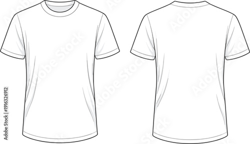 Basic blank t shirt front and back technical template, unisex short sleeve apparel mockup, clean vector clothing illustration