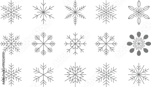 Snowflake vector icon collection, geometric winter frost crystals set minimal outline decorative seasonal symbols clean design pack