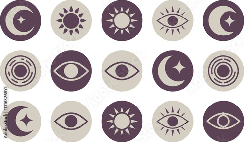 Celestial Icons Sun Moon Eye Circular Symbols Decorative Elements Stock