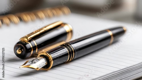 Wallpaper Mural Elegant black and gold fountain pen resting on lined notebook paper, with the cap placed beside it. Classic writing instrument for professionals and creative enthusiasts Torontodigital.ca