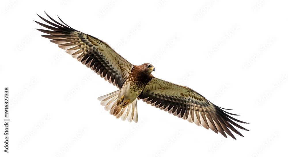Obraz premium Bird flying high in the sky with outstretched wings against a white background