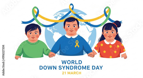 World down syndrome day awareness illustration with children and yellow blue green ribbons