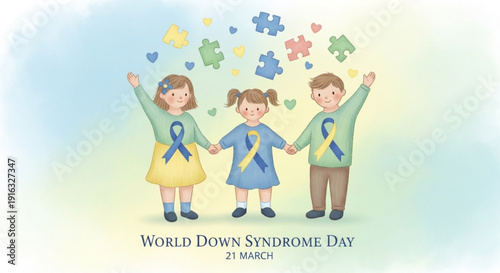 Children celebrating world down syndrome day with puzzle pieces and awareness ribbons