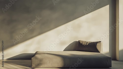 Minimalist modern room featuring a daybed with soft cushions, bathed in warm natural light creating abstract shadows on the textured wall, promoting calm and serenity