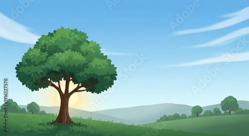 Large green tree on grassy hill with blue sky background and distant mountains