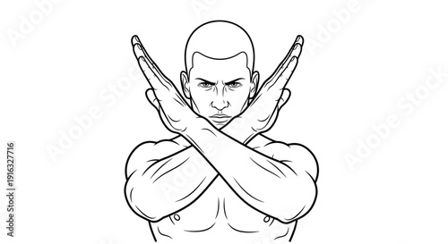 Man Making Stop Gesture with Crossed Arms, Determined Expression, Black and White