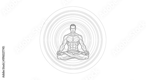 Man Meditating in Lotus Pose with Concentric Circles Aura, Zen, Mindfulness, Energy