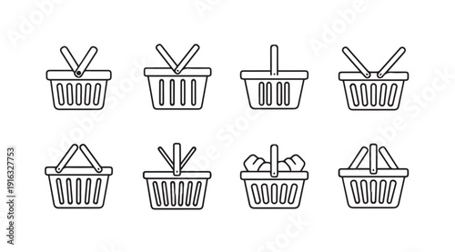 Shopping Basket Icons Set Outline Various Types of Market and Grocery Containers