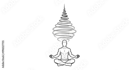 Man meditating in lotus pose, energy vortex above head, mind power, spiritual awakening