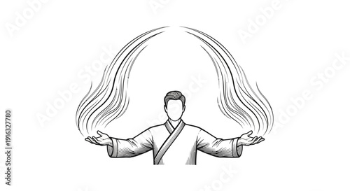 Man with outstretched arms, energy flowing from hands, spiritual, meditation, healing, power