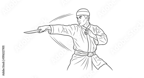 Martial Artist Performing Knife Technique in Traditional Attire