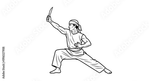 Martial artist with knife in dynamic pose, traditional warrior, combat training, self defense