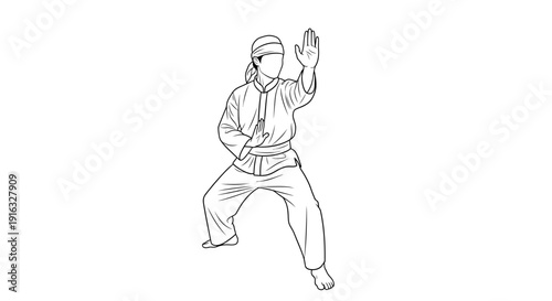 Martial arts fighter in defensive stance, black and white line drawing