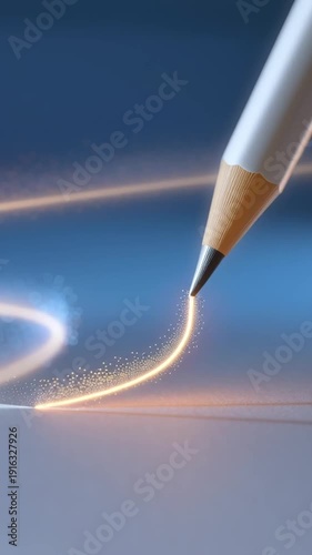 A pencil moves across a smooth surface, generating a luminous curved light trail; the line sweeps in wide arcs, sparkles follow the path, and the glowing ribbon fades as it advances.