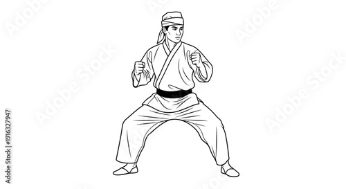 Martial Arts Fighter in Stance, Karate Gi, Black Belt, Focused Expression, Dynamic Pose