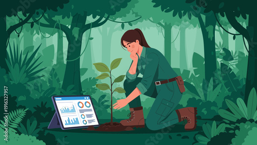 Woman Analyzing Plant Growth Data on Laptop in Lush Forest.