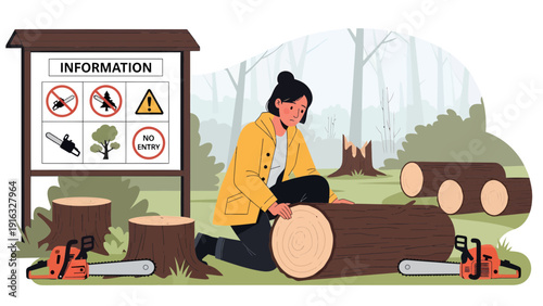 Woman Cutting Log with Chainsaw in Forest with Warning Sign.