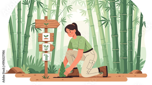Woman Planting in Bamboo Forest with Signpost Illustration.