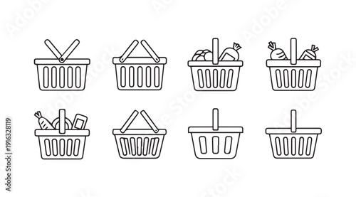 Shopping Baskets Collection Set Icons Line Art Style