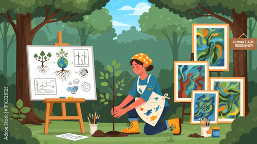 Artist planting a tree seedling surrounded by naturethemed artwork.