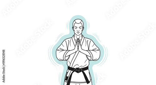 Martial Arts Master in Gi Bows with Hands Clasped, Zen Meditation Pose