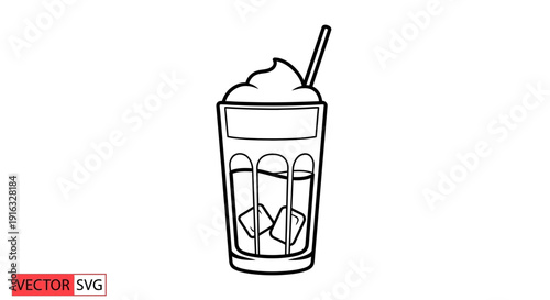 Iced Coffee Drink with Whipped Cream and Ice Cubes in Tall Glass, Line Art Icon