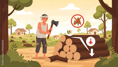 Deforestation Illustration Man with Axe Cutting Trees.