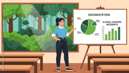 Deforestation Presentation Educator Explains Environmental Impact with Charts.