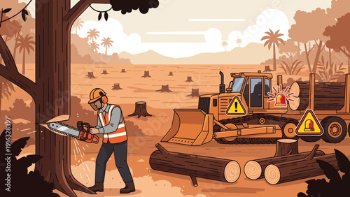 Deforestation Scene Logger Cutting Tree with Bulldozer in Cleared Forest.