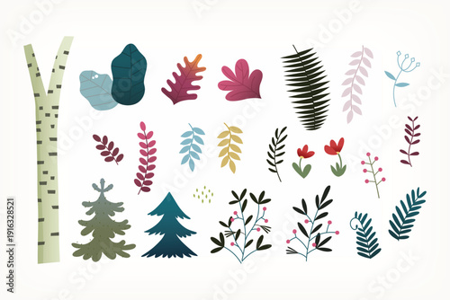 collection of colorful forest plants and trees with various leaves and branches