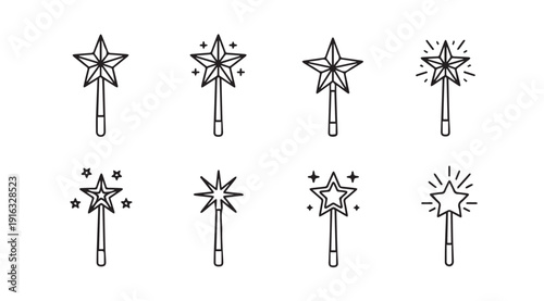 Star Magic Wand Icons Set Fantasy Celebration Simple Line Art