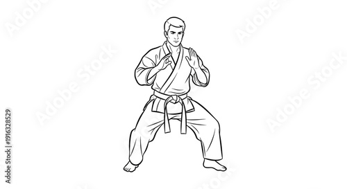 Karate fighter in ready stance, black and white line art, martial arts training