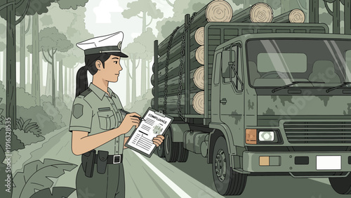 Forest Ranger Inspecting Logging Truck for Illegal Logging.