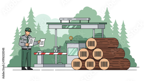 Forest Ranger Inspecting Logs at a Checkpoint.
