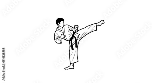 Karate fighter performing a high side kick in a dojo, dynamic martial arts action