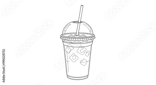 Hand-drawn sketch of an iced coffee in a clear plastic cup with straw and lid