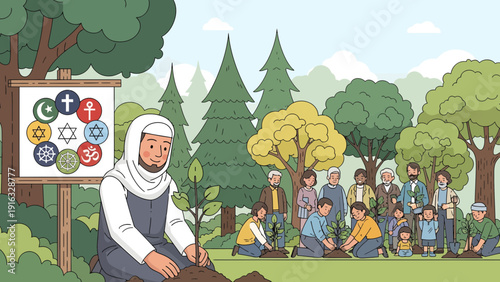 Interfaith Harmony Muslim Man Planting Tree with Diverse Group.