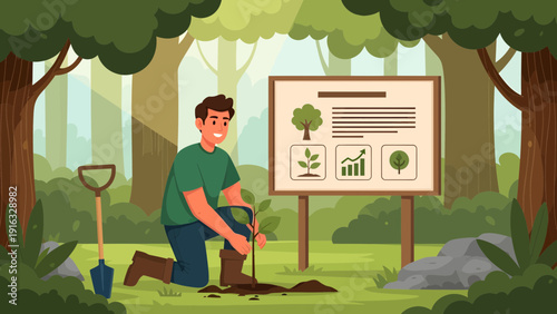 Man Planting Tree Seedling for Reforestation Project in Forest.