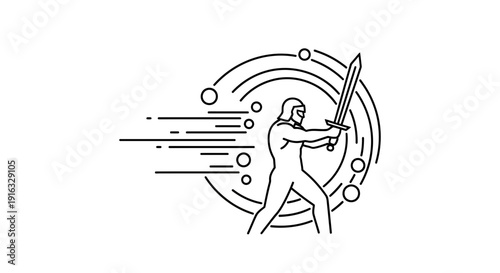Heroic Warrior with Sword in Dynamic Motion, Abstract Circular Energy Background