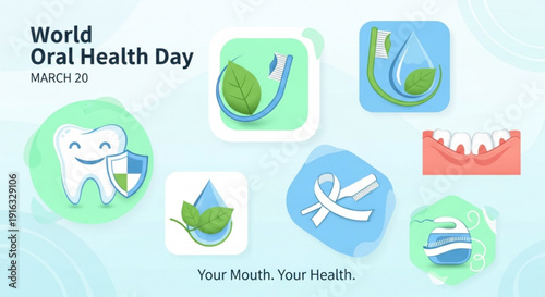 World oral health day icons with tooth water drop leaf and dental care symbols on blue background